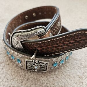 Nocona Youth Western Belt, Blue Silver On White Cowhide, Size 24
